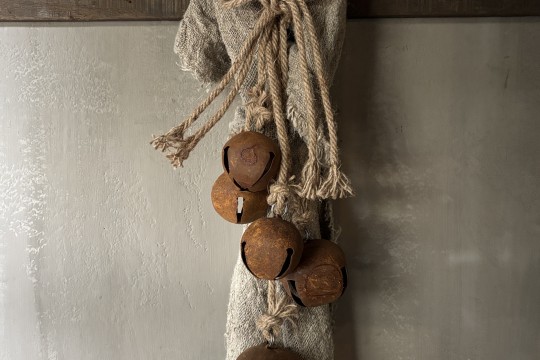 5 roestige bellen aan jute touw